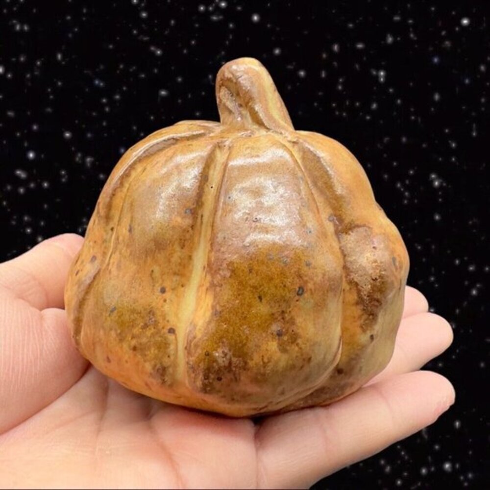 Vintage Hand Made Pottery Pumpkin Paperweight Signed By Artist‎ Figurine 3”T 3”W